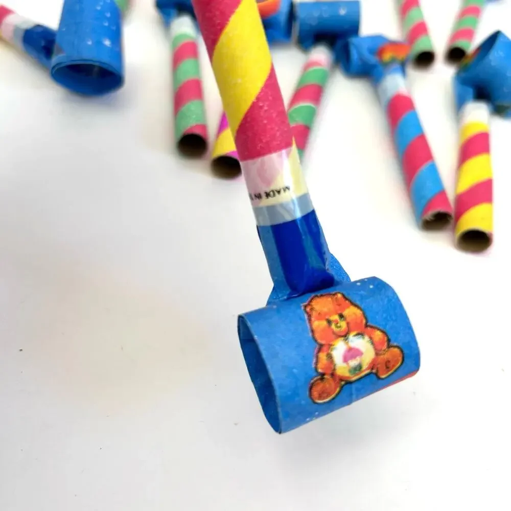 12 Vintage Care Bear Paper Party Blowers Rainbows and Candy Stripes